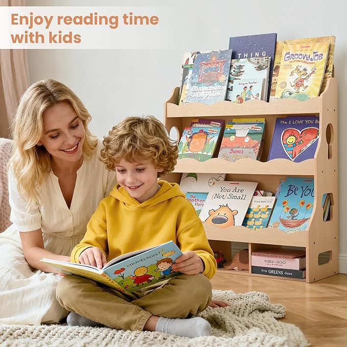 4-Tier Kids Book Shelf, Wooden Toddler Bookshelf with Toy Organizer, Montessori Nursery Bookcase for Boys Girls Bedrooms Playroom Classroom