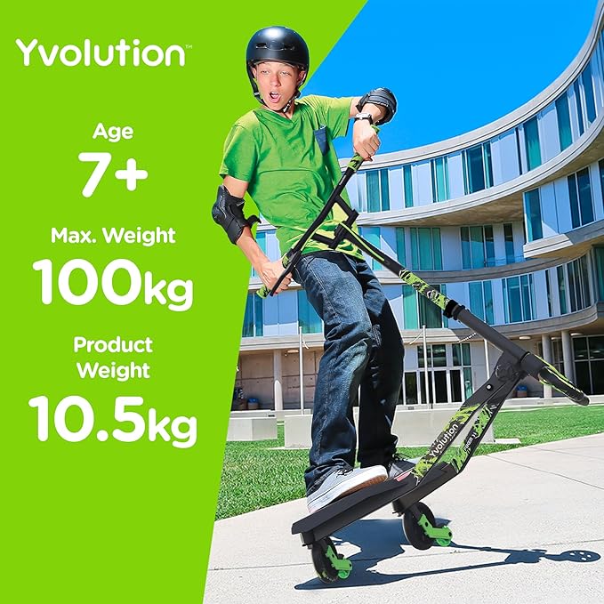 Yvolution Fliker Kids Drift Scooter, Adjustable Handlebar in 3 Heights, 3 Wheels, for Boys and Girls Age 7+ Years Old, Max User Weight 220lbs/100kg