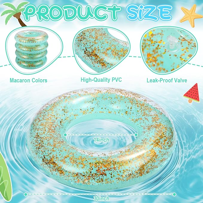 ShinyRelief 4 Pcs Inflatable Glitter Pool Float 30'' Macaron Swim Tube with Gold Confetti Swim Inner Tube for Adults Pool Floats Rings for Summer Beach Swimming Pool Bachelorette Party