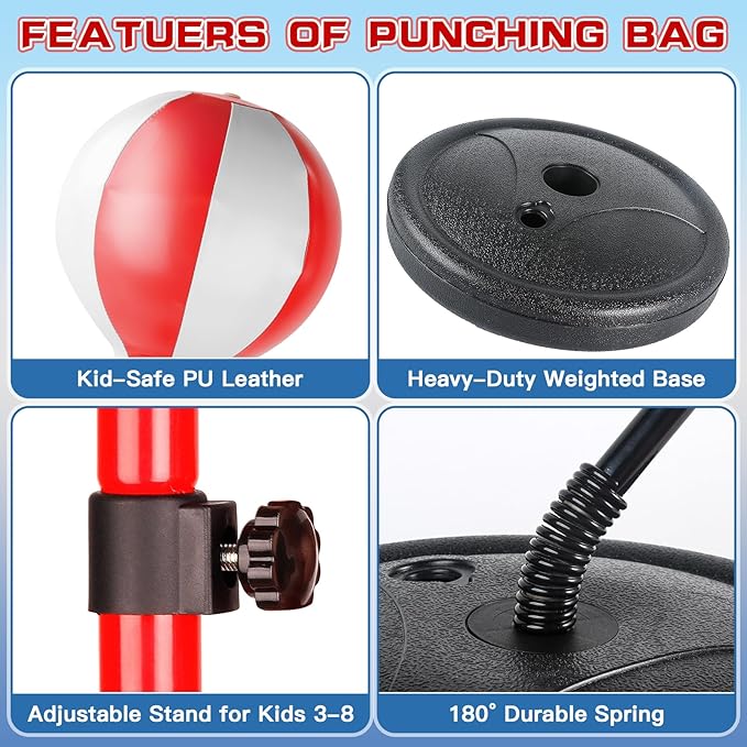 2 in 1 Adjustable Kids Basketball Hoop and Punching Bag with Stand for Kids, Toys Gifts for Boys Age 3 4 5 6 7 8 9 10+, Toddler Basketball Hoop and Boxing Bag Set Toy for Outdoor Indoor Sports Games