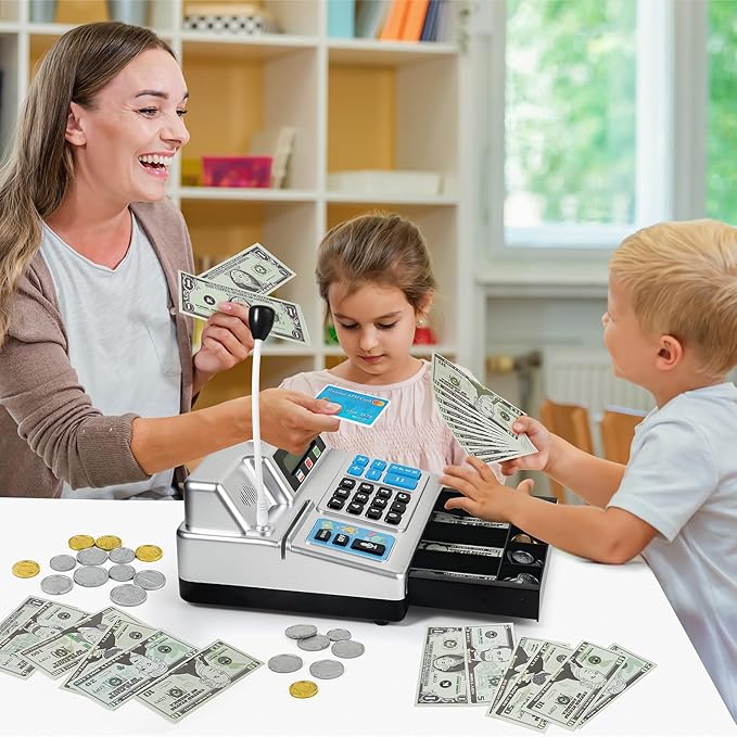 Calculator Cash Register Toy Gift for Kids Age 3, 4, 5, 6, 7, 8+ Year Old, 103 Pcs Pretend Grocery Store Playset with Toy Cash, Microphone, Credit Card, Play Cash Register for Toddlers 4-8, Silvery