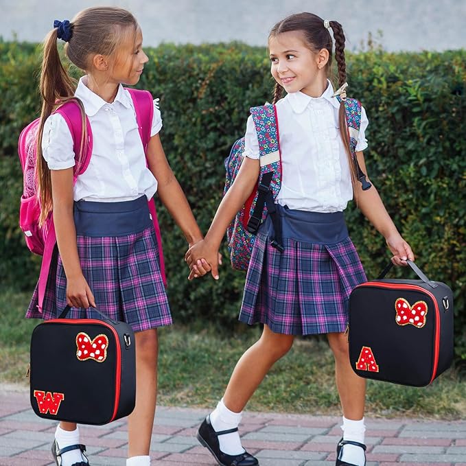 Preppy Initial Bow Mouse Lunch Bag, Kids Insulated Lunch Box Gifts for Teen Girls Daughter, Reusable Soft Lunch Containers Crossbody Cooler Bag Must Haves for Park Travel School Work Picnic Black W