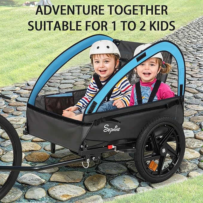Sepnine Kids Bike Trailer, 2 in1 Canopy Carrier Converts to Stroller Suitable for 1 to 2 Kids, 12+ Months, Quick Attach to Bike, Foldable, with 5-Point Harness and Storage Bags