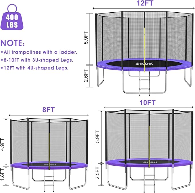 SKOK Trampoline 8FT 10FT 12FT 14FT 15FT Trampolines with Enclosure Net, 400LBS Outdoor Trampolines for Kids with Basketball Hoop-ASTM Approved Trampoline for Children and Adults with Ladder
