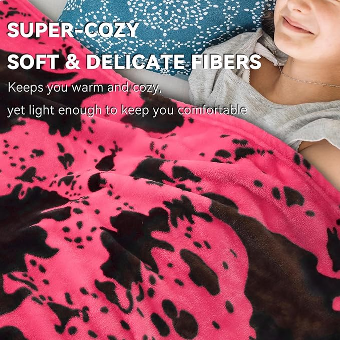 Hot Pink Blanket Queen Size - Extra Large Lightweight Soft Warm Cow Print Fleece Throw for Couch, Bed, Bedroom, Living Room, Home Decor 90x90 Inches
