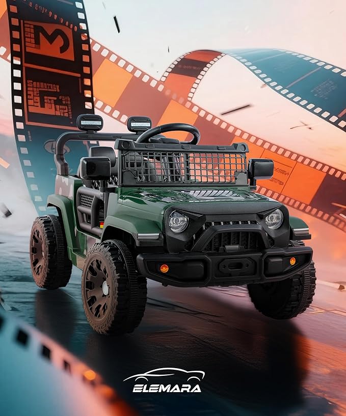ELEMARA Ride On Car, Bluetooth Ride on Toys for Toddlers, 12V Kids Battery Powered Vehicles w/Remote, 3.5 mph Motorized Off-Road Truck, Electric Car for Kids w/3 Speeds,LED Lights- Olive