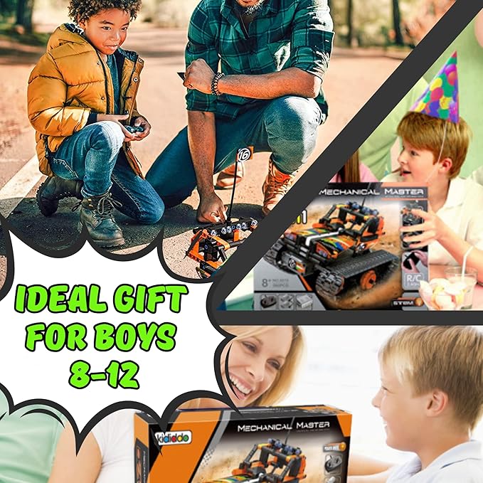 Kididdo Remote Control Car Building Toys for Boys Age 8-12 Fun STEM Robot Kit Cool Birthday Gifts for 8 to 14 Years Old Boys 3-in-1 Building Blocks RC Cars Kit to Build a Robot or Car
