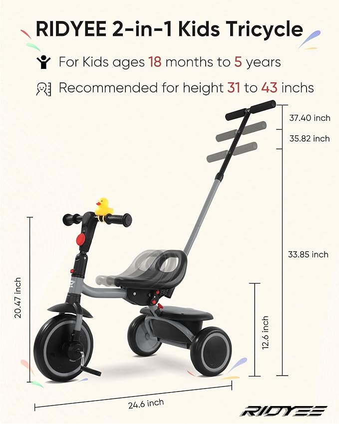 Tricycle for Toddlers 18 Months to 5 Years with Removable Push Handle, Tricycles for 3-5 Year Olds Ideal for On-The-Go Families, Adjustable Carry-Friendly Seat, Grey