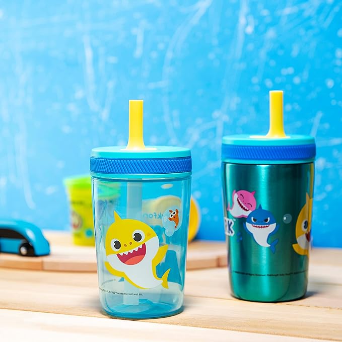 Zak Designs Baby Shark Kelso Tumbler Set, Leak-Proof Screw-On Lid with Straw, Bundle for Kids Includes Plastic and Stainless Steel Cups with Bonus Sipper (3pc Set, Non-BPA)