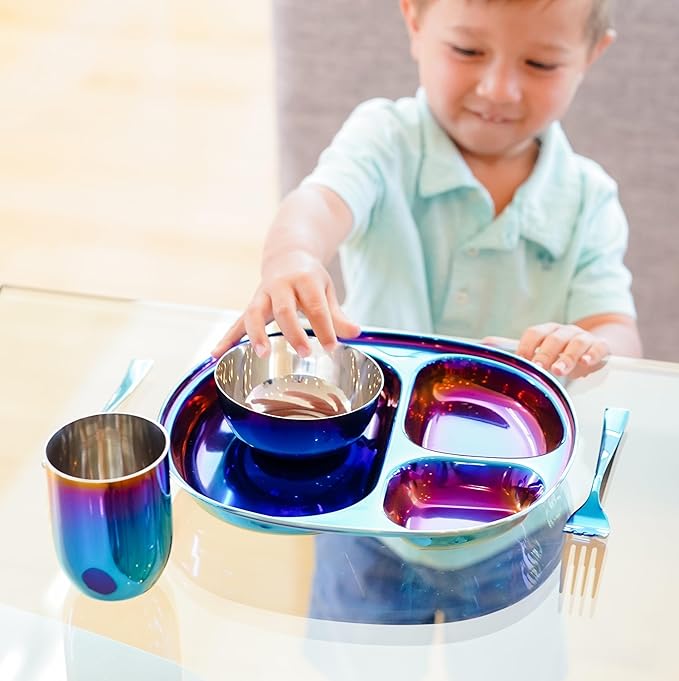 Ahimsa Stainless Steel Kids Dinnerware Set, Pediatrician Designed, 5 Piece Toddler Plates and Bowls Set, Stainless Steel Divided Plate, Cup and Kids Utensils, Blue