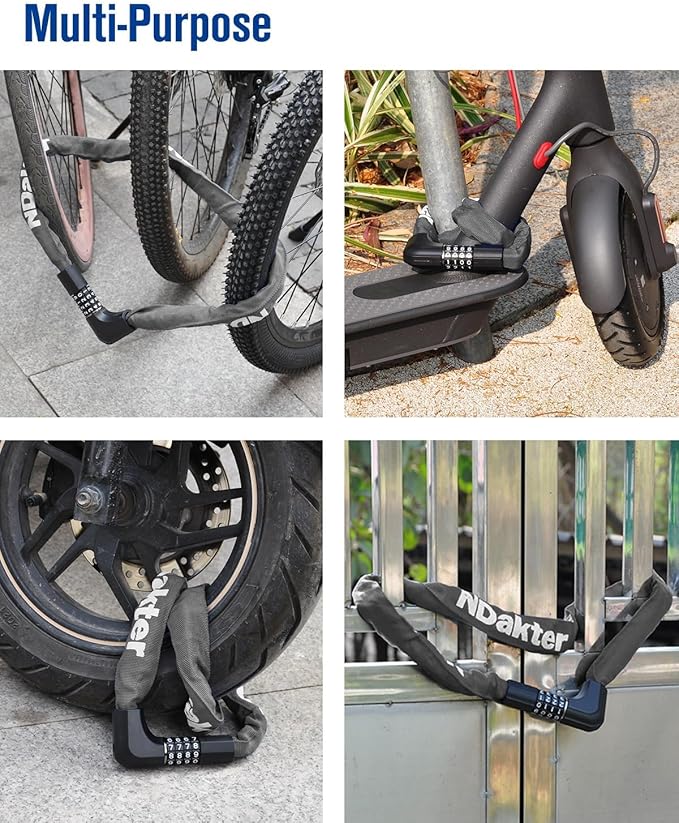 NDakter Upgrade Bike Chain Lock with 4 Digit Combination and 2 Keys, 3.2/4.28 Ft Heavy Duty Anti-Theft Bicycle Lock, 2 Ways to Unlock High Security Scooter Locks for Ebike, Escooter, Door