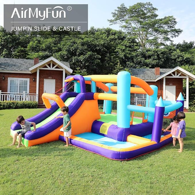 AirMyFun Inflatable Water Slide Bounce House with Long Curved Slide for Kids with Blower, Family Backyard Bouncy Castle with Fun Doorway Tunnel, Climbing Wall and Ball Shooting (High End)