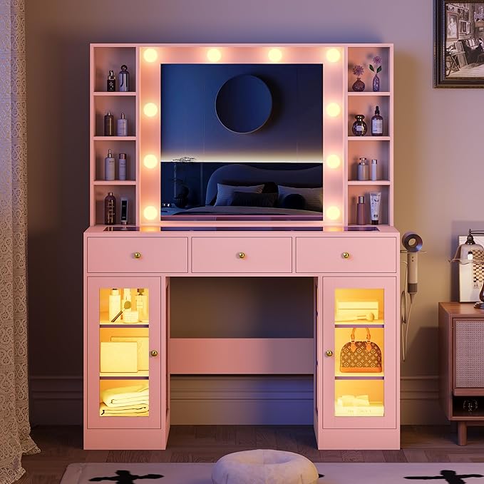 Makeup Vanity with Mirror and Lights, 43'' Wide Dressing Table with Storage Drawers, Open Shelves & Power Outlet, Vanity Desk with RGB Cabinet & Glass Top for Girls Bedroom, Living Room, Pink