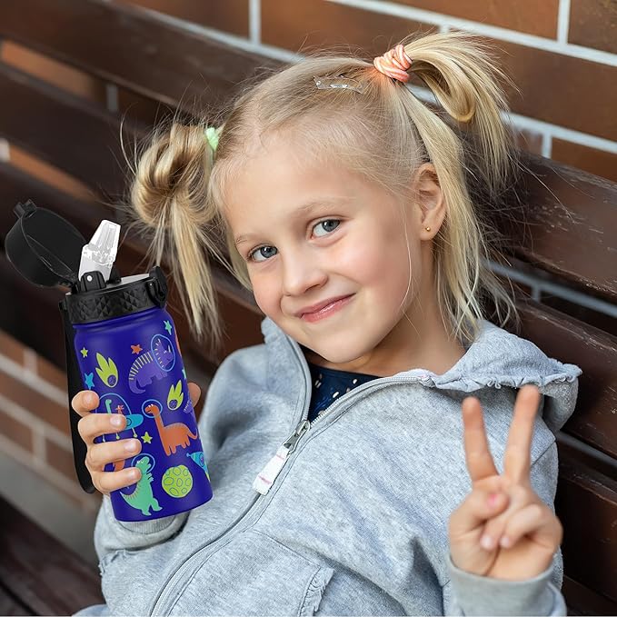 GOPPUS Kids Water Bottle (Straw Lid) - 14 Oz Stainless Steel Travel Bottle, Double Wall Vacuum Leak Proof Kids Cup for School Boys Girls,Blue Space dinosaur