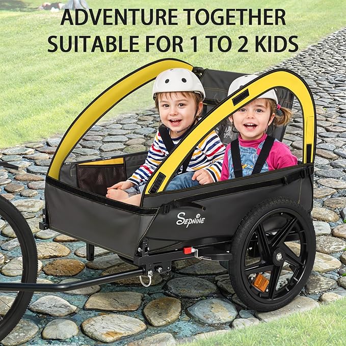 Sepnine Kids Bike Trailer, 2 in1 Canopy Carrier Converts to Stroller Suitable for 1 to 2 Kids, 12+ Months, Quick Attach to Bike, Foldable, with 5-Point Harness and Storage Bags