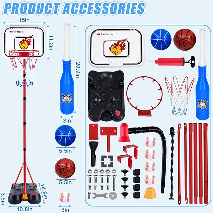 SIOTMERA 4 in 1 Kids Basketball Hoop and T Ball Set, Adjustable Height Toddler Basketball Hoop with Hanging Tee Baseball, Outdoor Indoor Toys Gifts for Boys Girls Ages 3-8