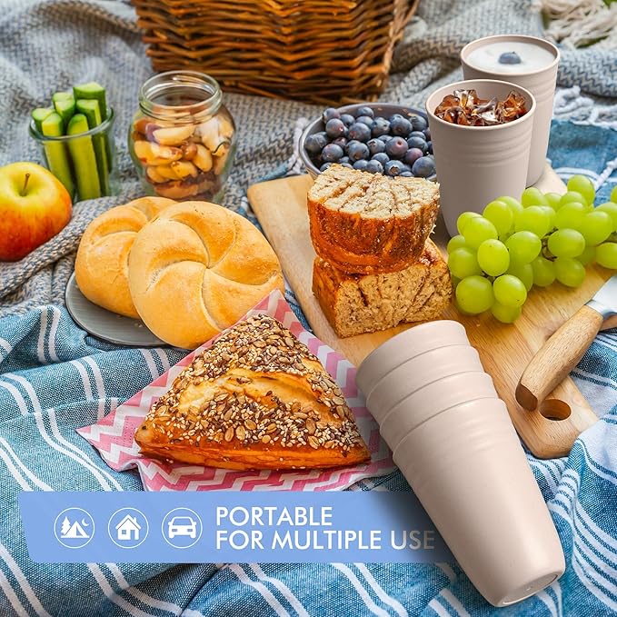 HOTEC 8-Pack 15oz Plastic Cups, BPA-Free Reusable Drinking Cup set, Unbreakable Tumblers, Dishwasher Safe Water Plastic Glasses, Khaki