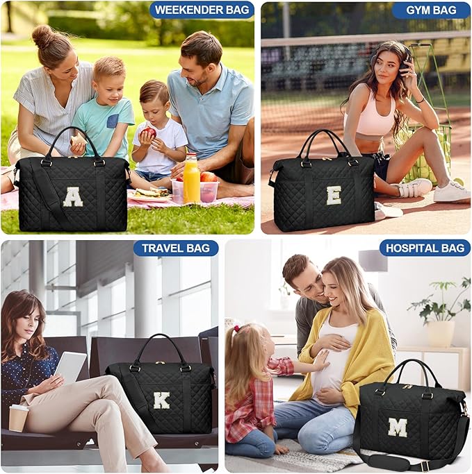 Gifts for Teen Girl, Initial Travel Duffle Bag, Personalized Women Weekender Overnight Bags, Gift for Daughter Kid Girl Wife Friend(Black,K)