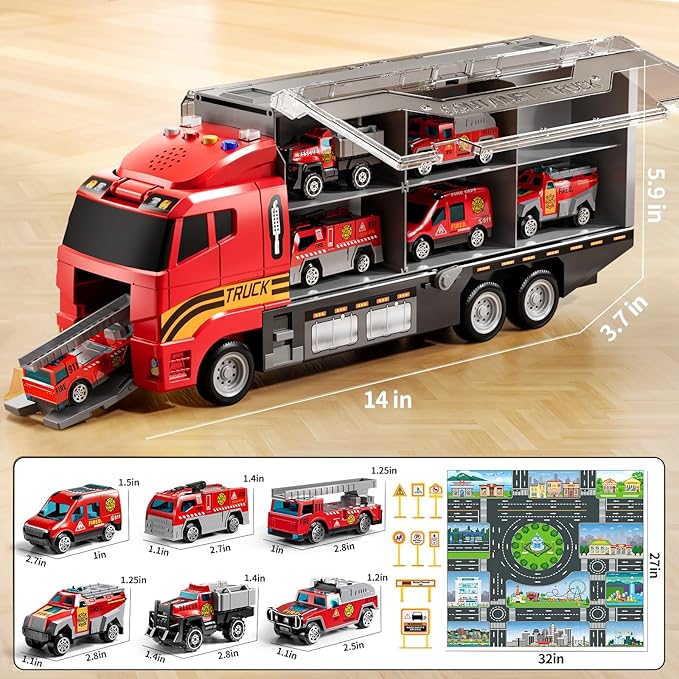 Toddler Boys Toys for 3-5 Years Old, Fire Truck Vehicle Set with Play Mat and Die-Cast Toy Car, Transport Carrier Truck for Kids 3-5, Birthday Gifts Toys for 3-8+ Year Old Boys