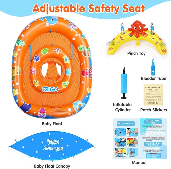 EZIGO Baby Pool Float with Canopy UPF 50+ Sun Protection, Double Air Chambers Infants Swimming Floats with Sound Toys Adjustable Safety Seat Toddler Float for Boys and Girls 6-36 Months