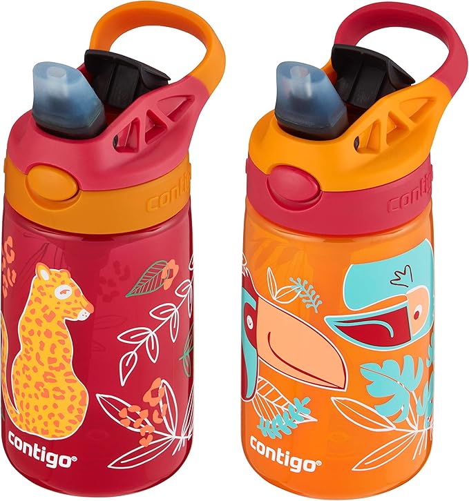 Contigo Aubrey Kids Water Bottle with Silicone Straw and Spill-Proof Lid, 14 oz, 2 Pack, Cheetahs & Toucans