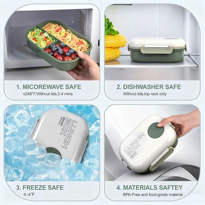 Lunch Box for Women & Adults - Kid-Friendly 37.2oz 3-Compartment Bento Box with Thick Insulated Lunch Bag, Leak-Proof with Sauce Container, Built-in Utensil Set, Dishwasher Safe (Green)