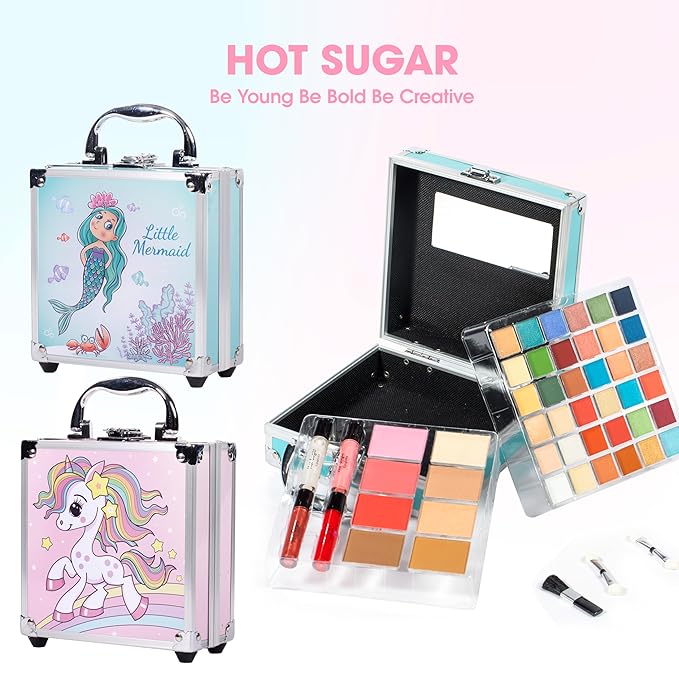 Hot Sugar Girls Makeup Kit Age 4-6 7-8 10-12, Little Girl Makeup Set, Makeup Kit for Teenagers 13-15 Includes Eyeshadow Lip Gloss Blush Highlighter Contour Brush (Blue Mermaid)