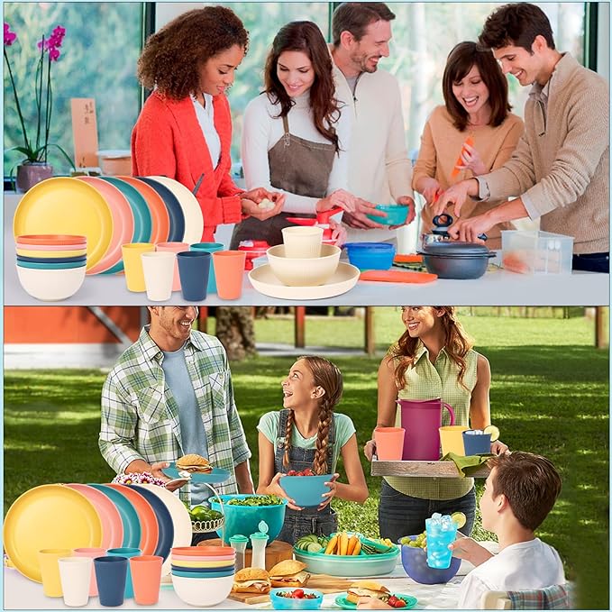 18pcs Wheat Straw Dinnerware Sets, Unbreakable dish Set Reusable Plates, Bowls, and Cups Set dishes Dishwasher Microwave Safe for Kitchen Outdoor Travel Camping (Macron Color)