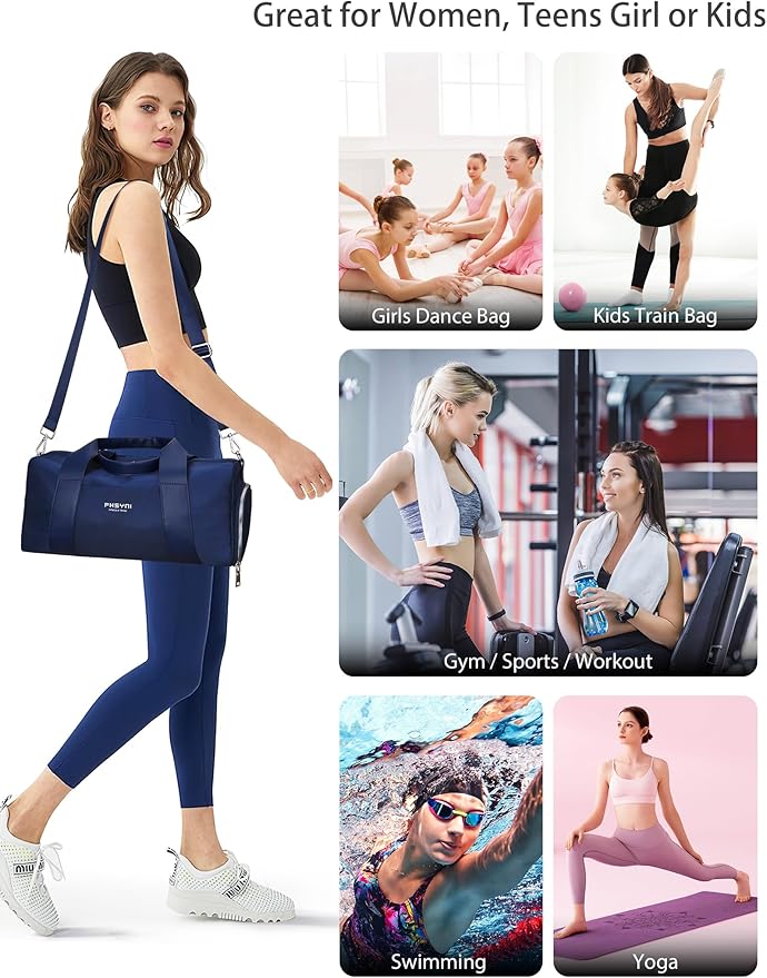 Compact Sports Gym Bag for Women and Man, Cute Mini Duffle Bag with Wet Pocket & Shoes Compartment, Personal Item Travel Workout Bag, 16"-Small, Navy