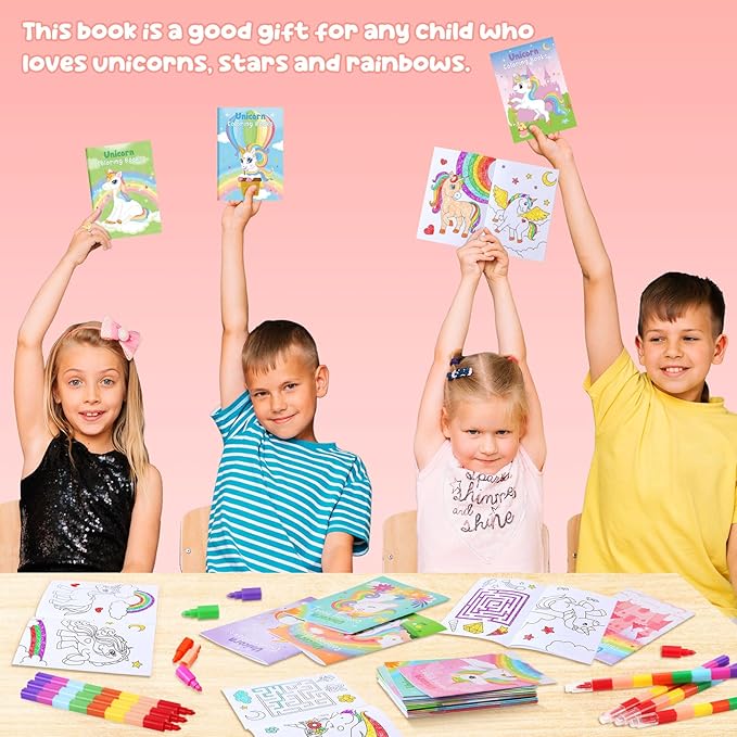 BenLouis 12 Unicorn Mini Coloring Books Kids with 12 Stacking Crayons Unicorn Birthday Party Favors Small Activity Books Bulk for Kids Rainbow Party Gift Goodie Bag Stuffers