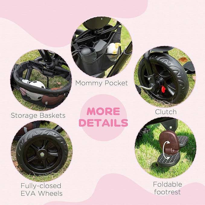 Qaba Kids Tricycle, 4 in 1 Foldable Trike with Reversible Seat, Adjustable Parent Handle, Safety Harness, Wheel Brakes, Removable Canopy, Storage, Tricycle for Toddlers 1-5 Years, Black