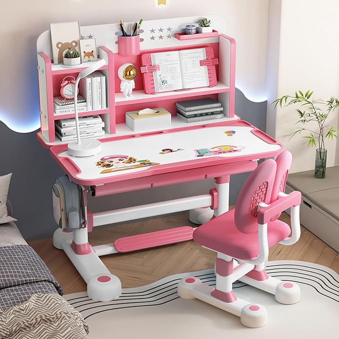 2025 Upgraded Kids Desk and Chair Set, 50 Degree Tiltable&Height Adjustable Kids Desk with Storage Drawers and Bookshelf, Ergonomic Study Table for Kid (Pink-New Type)