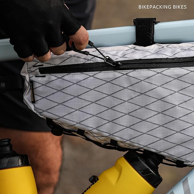 Rhinowalk BHD0018 Bike Frame Triangle Bag 2.9L, Waterproof Storage Bag with YKK Zippers, Cable Port & Pump Holder, Fits Hydration Pack – White