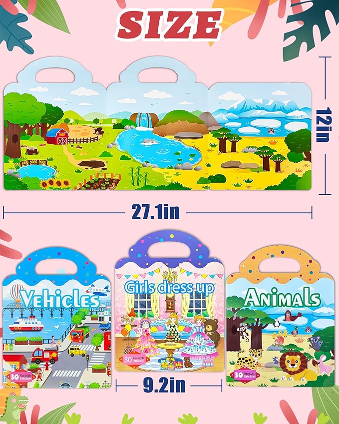 Benresive Reusable Sticker Book for Toddlers 2-4 Years, 3 Sets Travel Stickers for Kids, Waterproof Sticker Books for Toddlers 1-3, Crafts Activities for Todddlers 1-3 2-4 3-5