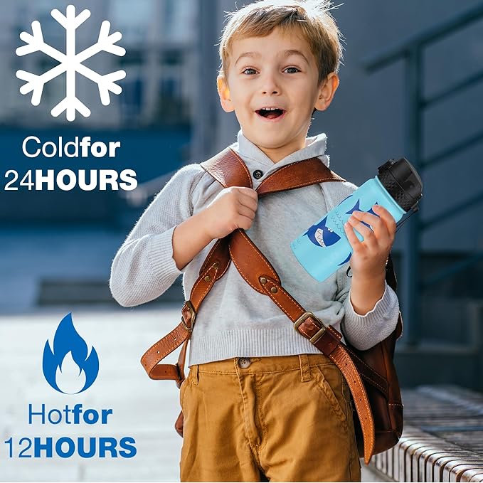 GOPPUS Kids Water Bottle (Straw Lid) - 18 Oz Stainless Steel Travel Bottle, Double Wall Vacuum Leak Proof Kids Cup for School Boys Girls,Iron Shark