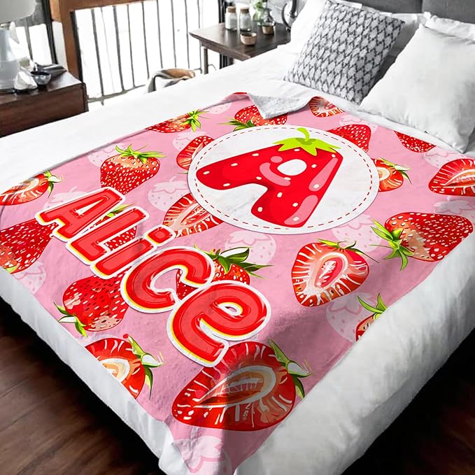 Personalized Blanket for Girls Kids Toddlers, Custom Strawberry Throw Blanket Gifts with Initial Letter, 4 Sizes Optional Soft Bedding Blankets for Couch Sofa Bed