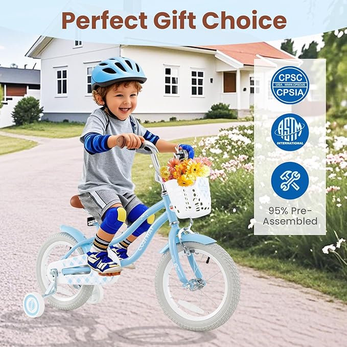 COSTWAY Kids Bike, 12 14 16 18 Inch Toddler Bike Children Bicycle w/Training Wheels, Hand & Coaster Brakes, Adjustable Saddle & Handlebar, Basket, Bell, Kids Bicycle for Girls Boys Aged 3-8 Years Old