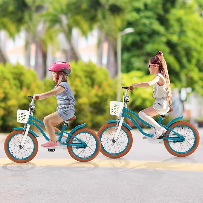 COSTWAY Kids Bike, 12 14 16 18 Inch Toddler Bike Children Bicycle w/Training Wheels, Hand & Coaster Brakes, Adjustable Saddle & Handlebar, Basket, Bell, Kids Bicycle for Girls Boys Aged 3-8 Years Old