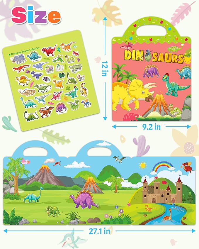Benresive Reusable Sticker Book for Toddlers 2-4 Years, Fun Travel Stickers for Kids, Waterproof Sticker Books for Toddlers 1-3, Crafts Activities for Toddler 1-3 2-4 3-5 - Dinosaurs