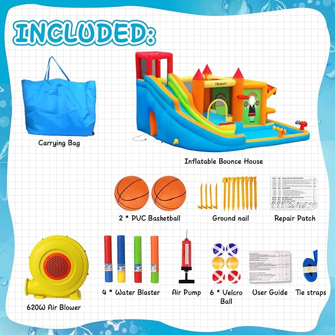 FBSPORT Inflatable Bounce House Water Slide, Bounce House for Kids with Toy Market Stand Splash Pool Bouncer Climbing Wall Water Gun Ball Dart, Bouncy Castle W/620W Blower for Outdoor Indoor, Red