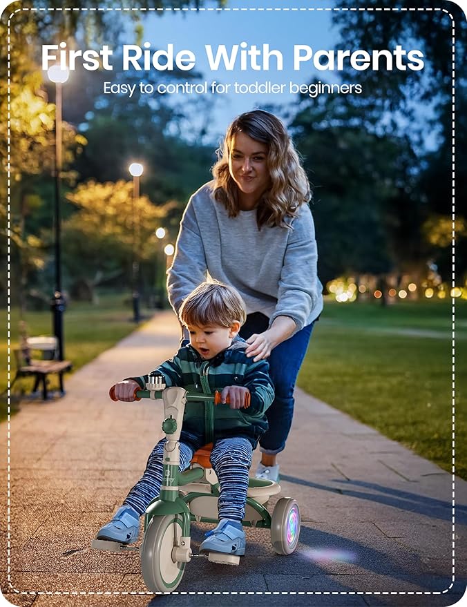besrey Kids Tricycle with Flash Wheels for Ages 18 Months to 5 Years, Toddler Tricycle with Bell, Kids Tricycle, Gift for 2-5 Year Olds, Gift and Toy for Boys and Girls, Tricycle for Toddlers, Green