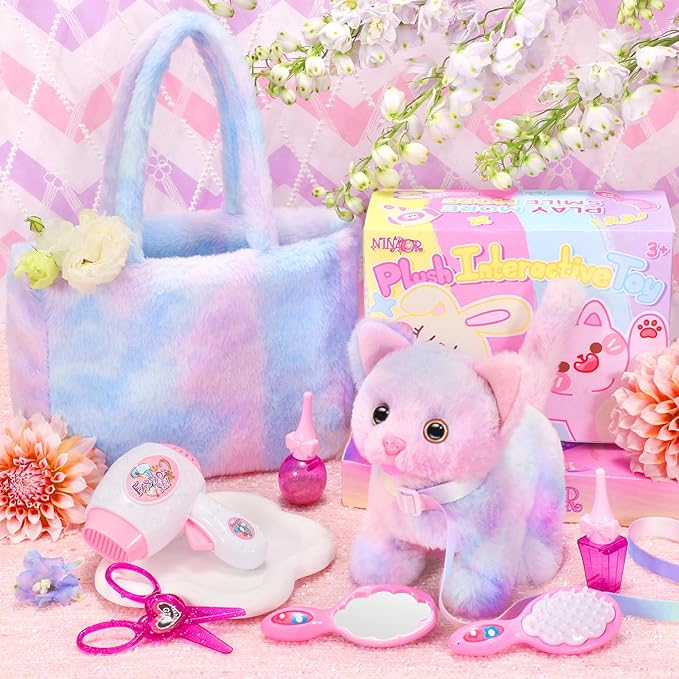 Plush Interactive Cat Toys for Kids with Tote Bags, Stuffed Robot Pet Kitten with Leash Walking Meow Pretend Play, Realistic Cute Stuff Fidget Toys for Toddler Stocking Stuffers Birthday Gifts