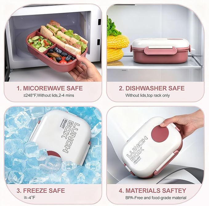 Lunch Box for Women & Adults - Kid-Friendly 37.2oz 3-Compartment Bento Box with Thick Insulated Lunch Bag, Leak-Proof with Sauce Container, Built-in Utensil Set, Dishwasher Safe (Claret)