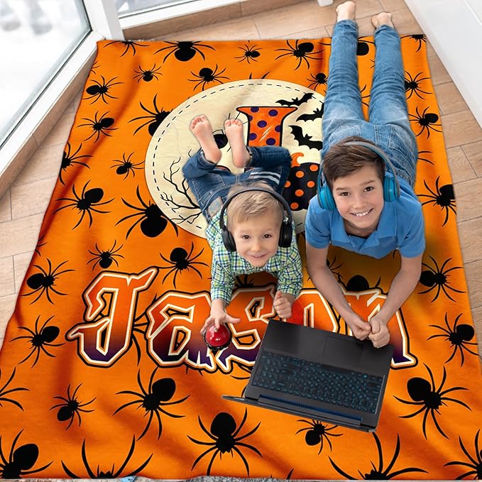 Halloween Blanket Gifts with Name Initial for Kids Boys Girls - Personalized Flannel Throw Blanket Soft Cozy Fuzzy - Halloween Blankets for Couch Sofa Bed Decor