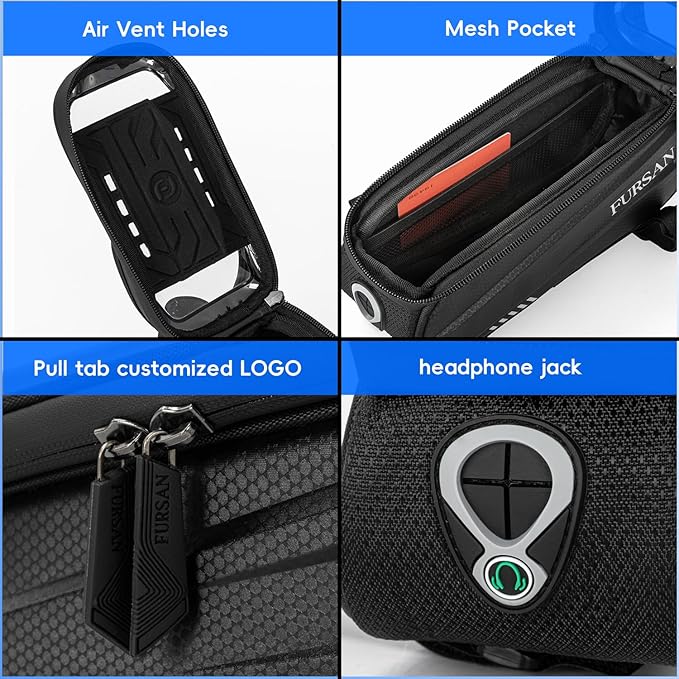 Bike Phone Holder Bags - Waterproof EVA Hard-Shell Front Top Tube Cycling Pouch, Sensitive TPU Touchscreen, Bike Frame Bag, Bicycle Phone Mount with Rain Cover, Bike Accessories, Fits 7-Inch Phones