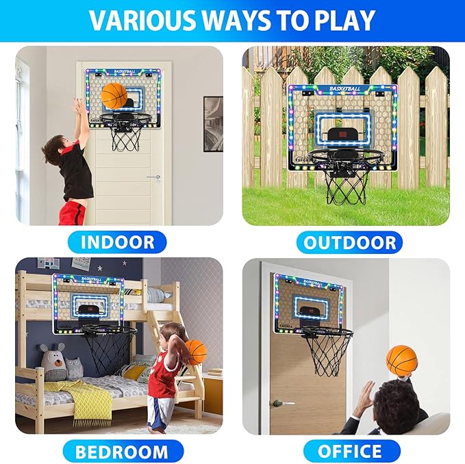 AOKESI Mini Basketball Hoop Indoor with Scorer and Batteries|Inside Basketball Hoop Over The Door with Colorful LED Lighting|Toy Basketball Gifts for Boys Girls Teens Adults, Blue
