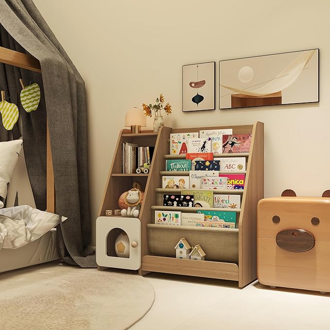 FKWin Kids Bookshelf, Kids Toy Storage Organizer, Baby Storage Book Rack, 4 Tier Kids Wooden Bookshelves, 5 Layer Sling Bookcase for Playroom, Bedroom, Living Room, Kids Room, Nursery, School(Natural)