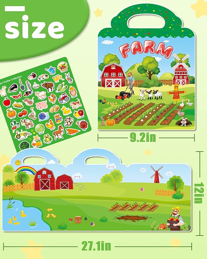 Benresive Reusable Sticker Book for Toddlers 2-4 Years, Fun Travel Stickers for Kids, Waterproof Sticker Books for Toddlers 1-3, Crafts Activities for Toddler 1-3 2-4 3-5 - Farm