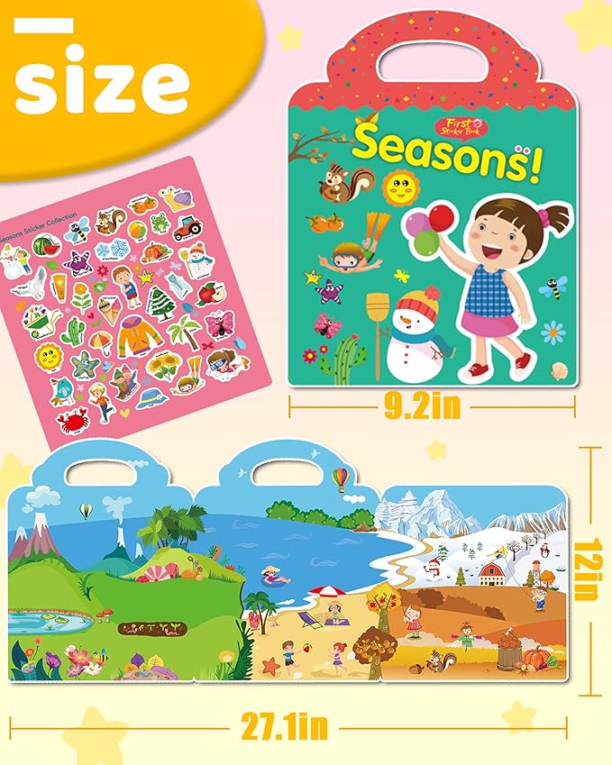 Benresive Reusable Sticker Book for Toddlers 2-4 Years, Fun Travel Stickers for Kids, Waterproof Sticker Books for Toddlers 1-3, Crafts Activities for Toddler 1-3 2-4 3-5 - Season