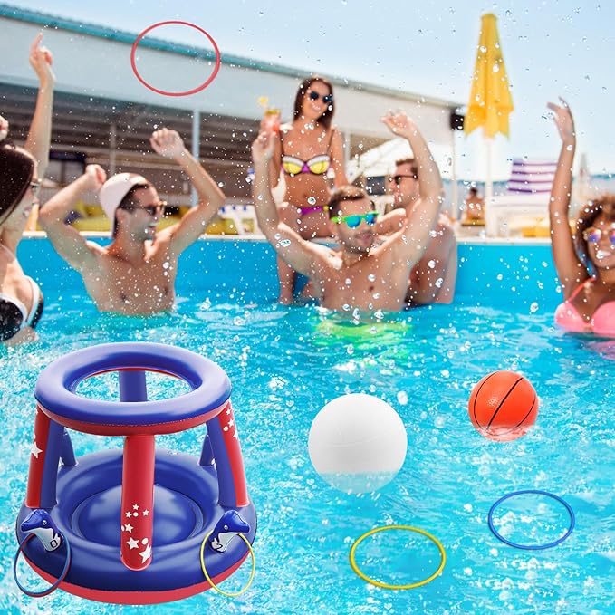 Jasonwell Pool Toys Games Set - 3 in 1 Pool Volleyball Net Basketball Hoop Ring Toss Game Inflatable Floats Water Floating Volleyball Swimming Pools Party Game Accessories Toy Gift Kids Teens Adults